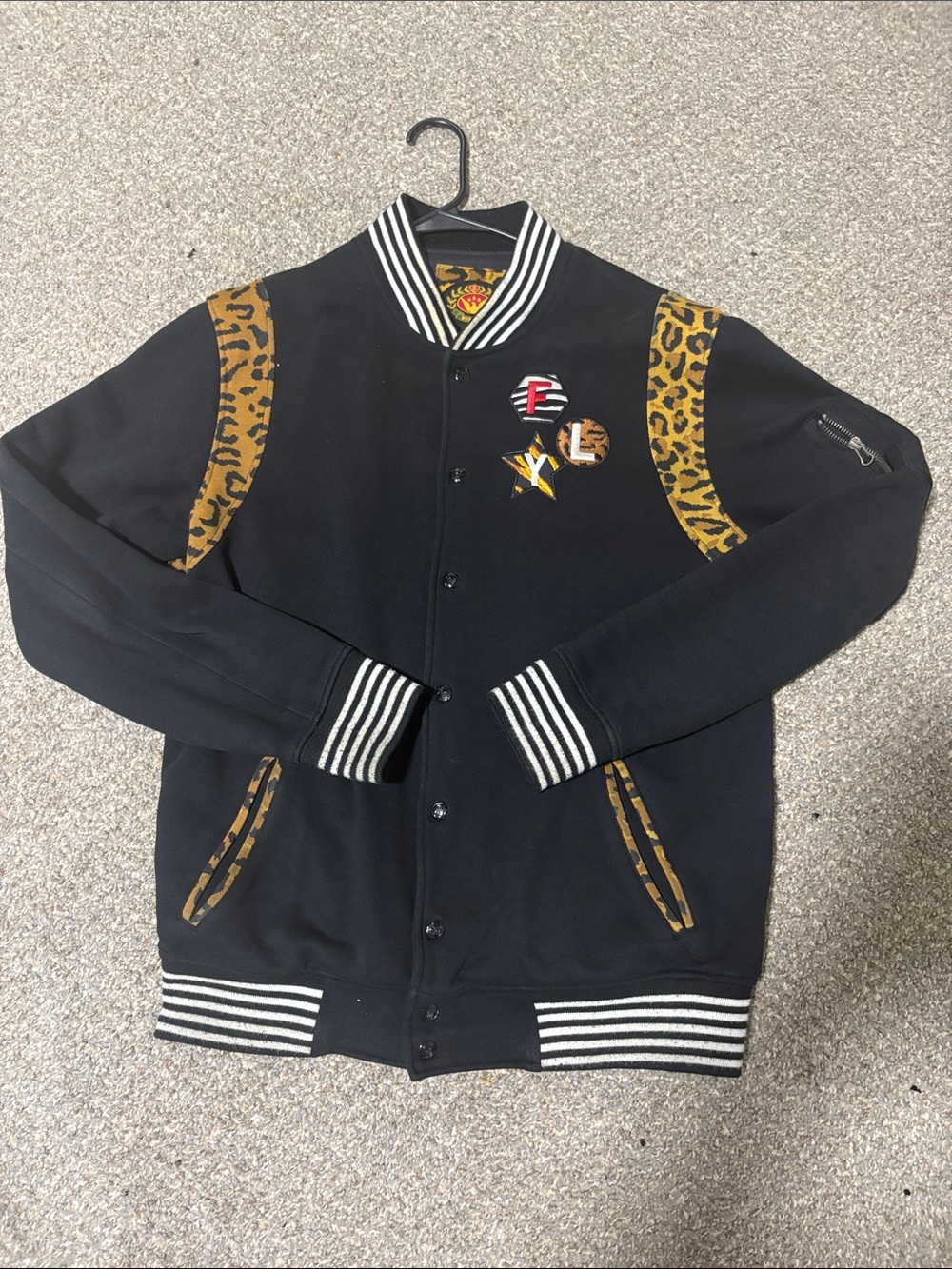Black Varsity Jacket with Leopard Trim